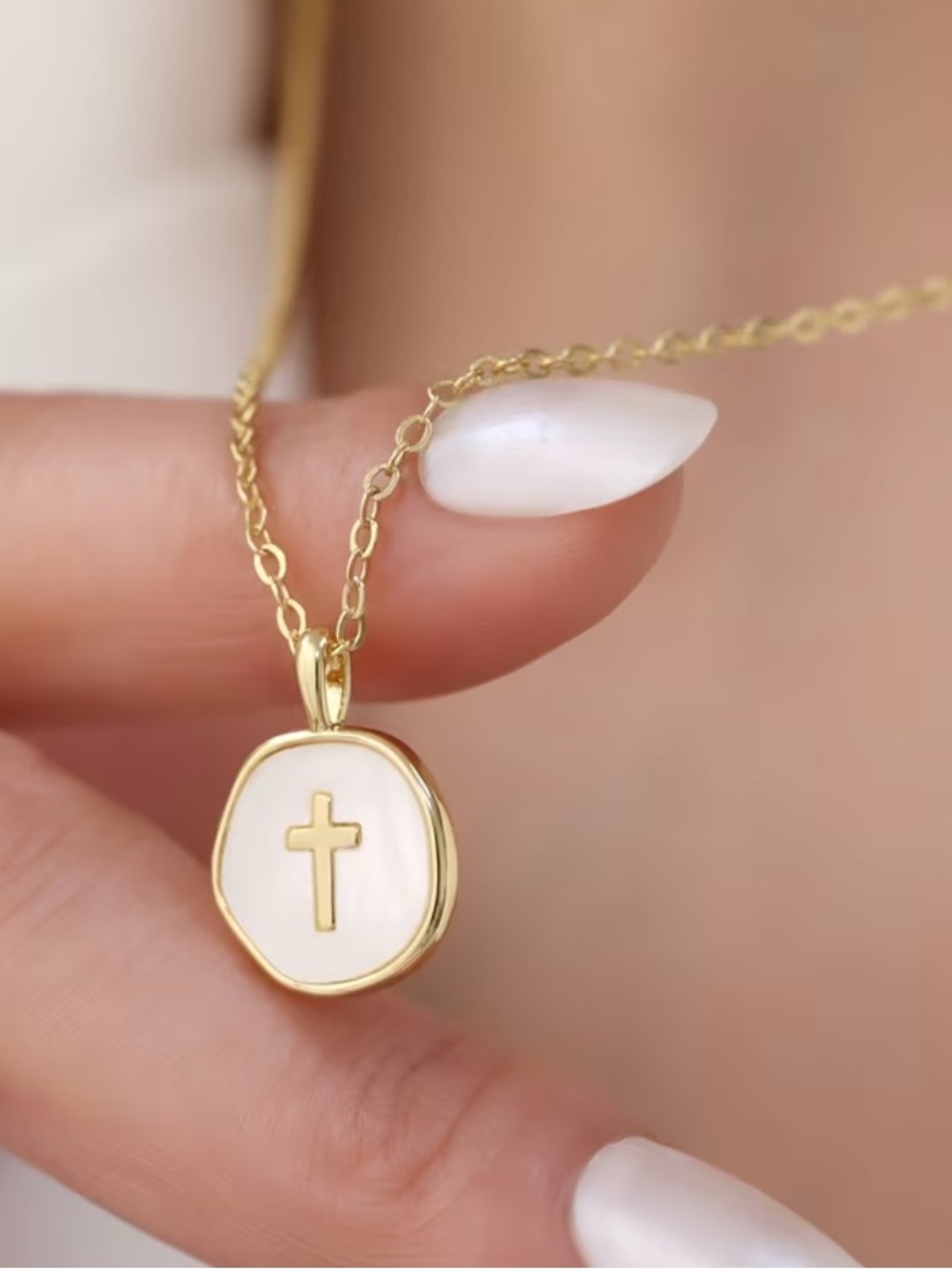Gold Cross White Enamel Pendant Necklace - Women Jewelry